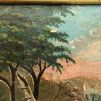 SOLD Antique Oil on Wood Panel Painting of Forest with Boater and Fallen Trees