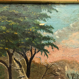 SOLD Antique Oil on Wood Panel Painting of Forest with Boater and Fallen Trees