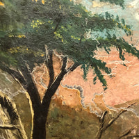 SOLD Antique Oil on Wood Panel Painting of Forest with Boater and Fallen Trees
