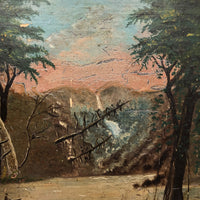 SOLD Antique Oil on Wood Panel Painting of Forest with Boater and Fallen Trees