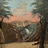 SOLD Antique Oil on Wood Panel Painting of Forest with Boater and Fallen Trees