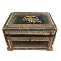 1911 Tramp Art Box with Chip Carved Stacks and Green-Gray Velvet
