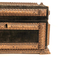 1911 Tramp Art Box with Chip Carved Stacks and Green-Gray Velvet