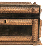 1911 Tramp Art Box with Chip Carved Stacks and Green-Gray Velvet