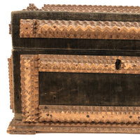 1911 Tramp Art Box with Chip Carved Stacks and Green-Gray Velvet