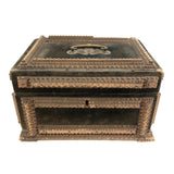 1911 Tramp Art Box with Chip Carved Stacks and Green-Gray Velvet