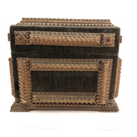 1911 Tramp Art Box with Chip Carved Stacks and Green-Gray Velvet