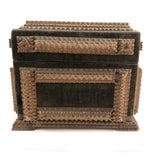 1911 Tramp Art Box with Chip Carved Stacks and Green-Gray Velvet
