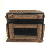 1911 Tramp Art Box with Chip Carved Stacks and Green-Gray Velvet
