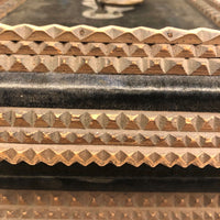 1911 Tramp Art Box with Chip Carved Stacks and Green-Gray Velvet