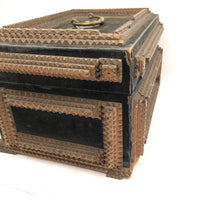 1911 Tramp Art Box with Chip Carved Stacks and Green-Gray Velvet