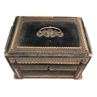 1911 Tramp Art Box with Chip Carved Stacks and Green-Gray Velvet