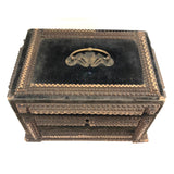 1911 Tramp Art Box with Chip Carved Stacks and Green-Gray Velvet