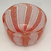 Stunning Vintage Murano Handblown Art Glass Bowl with Pink and White Ribbon Design