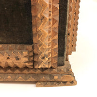 1911 Tramp Art Box with Chip Carved Stacks and Green-Gray Velvet