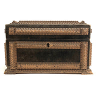1911 Tramp Art Box with Chip Carved Stacks and Green-Gray Velvet
