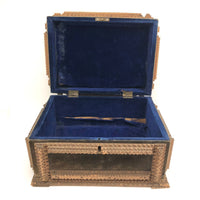 1911 Tramp Art Box with Chip Carved Stacks and Green-Gray Velvet