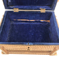 1911 Tramp Art Box with Chip Carved Stacks and Green-Gray Velvet