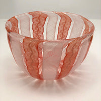 Stunning Vintage Murano Handblown Art Glass Bowl with Pink and White Ribbon Design