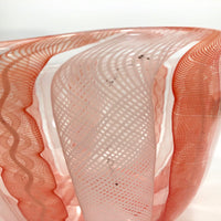 Stunning Vintage Murano Handblown Art Glass Bowl with Pink and White Ribbon Design