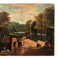 Super Lush Antique Oil on Board Landscape with Sheep and Sheep Herder