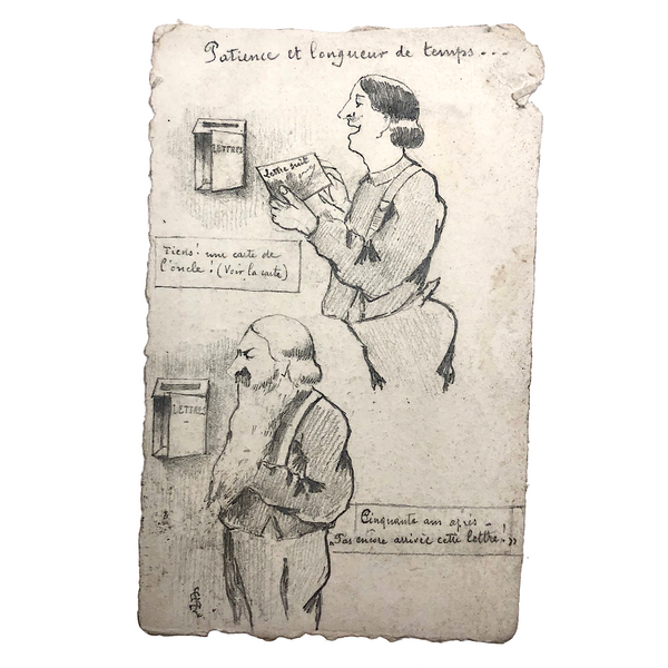 Patience! 50 Years Waiting for a Letter, Pencil Drawn Postcard, 1908