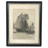 Naive Antique Ink and Graphite Drawing of Colonial Ship Hannah