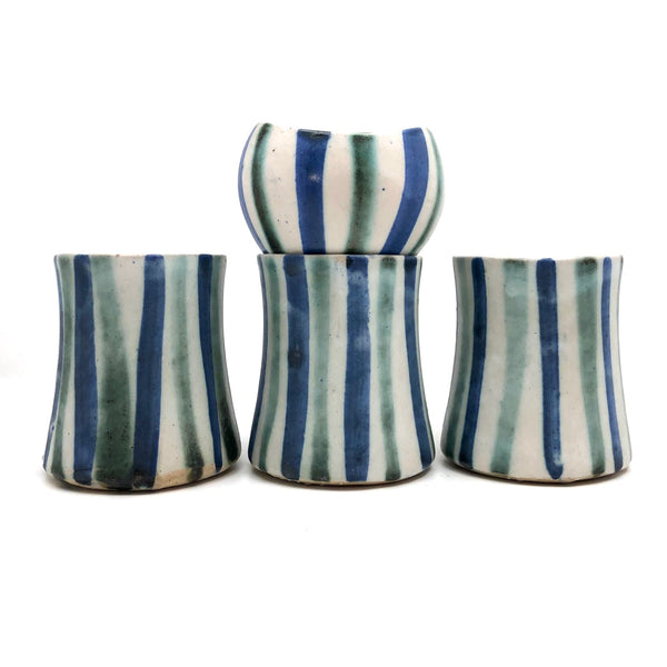 Stunning Early Set of Three Andersen Design Studio Striped Mugs Plus Small Bowl / Vase