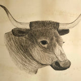 Very Large Antique Pen and Ink Bull Portrait in Period Frame