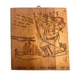 Grand Lake Stream, Maine 1970s Carved Wooden Plaque of Unhappy Hiker
