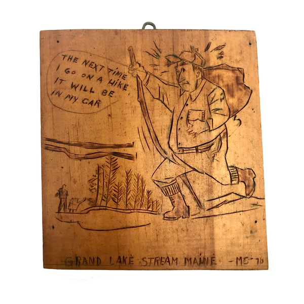 Grand Lake Stream, Maine 1970s Carved Wooden Plaque of Unhappy Hiker