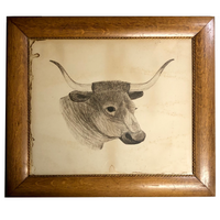 Very Large Antique Pen and Ink Bull Portrait in Period Frame