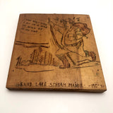 Grand Lake Stream, Maine 1970s Carved Wooden Plaque of Unhappy Hiker