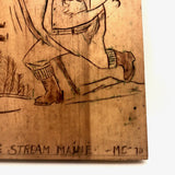 Grand Lake Stream, Maine 1970s Carved Wooden Plaque of Unhappy Hiker
