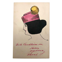 Chic Woman in Pink Hat Hand-drawn Ink with Watercolor Postcard