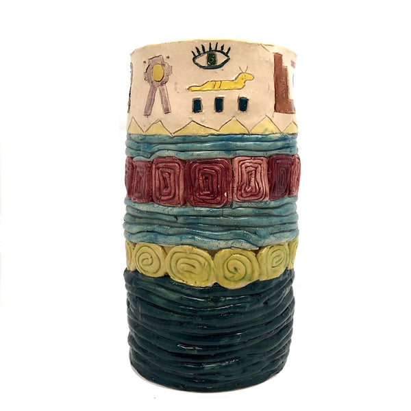 Fabulous Egyptian Themed, Kid Made Tall Coiled Vase