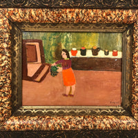 SOLD Woman in Orange Skirt with Plants, Vintage Oil on Board by Charles Rabin