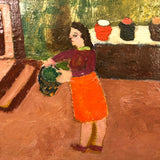 SOLD Woman in Orange Skirt with Plants, Vintage Oil on Board by Charles Rabin