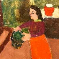 SOLD Woman in Orange Skirt with Plants, Vintage Oil on Board by Charles Rabin