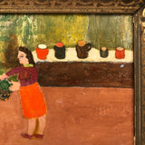 SOLD Woman in Orange Skirt with Plants, Vintage Oil on Board by Charles Rabin