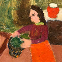 SOLD Woman in Orange Skirt with Plants, Vintage Oil on Board by Charles Rabin