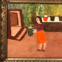 SOLD Woman in Orange Skirt with Plants, Vintage Oil on Board by Charles Rabin