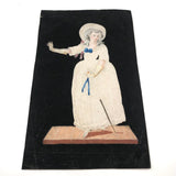 Fantastic Early 1800s Pin Prick and Watercolor Portrait of Woman with Parasol