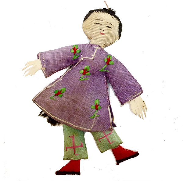 Tiny Hand-Sewn Asian Cloth Doll circa 1940s