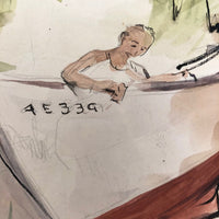 Small Watercolor of Man Working on Boat