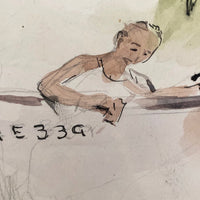 Small Watercolor of Man Working on Boat