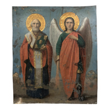Wonderful Antique Russian Icon Painting on Tin, Saint Nicholas and Saint Michael