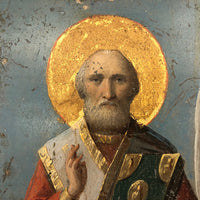 Wonderful Antique Russian Icon Painting on Tin, Saint Nicholas and Saint Michael