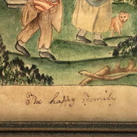 Miniature Antique American Folk Art Painting on Paper, The Happy Family