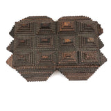 Intensively Stacked Sculptural Old Tramp Art Box with Hinged Lid and Velvet Lining